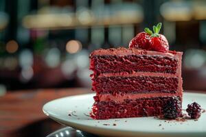 Slice of delicious red velvet cake. photo