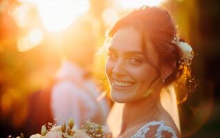 Beautiful bride portrait standing on nature with large bouquet and sun rays. Wedding portrait session of young bride. photo