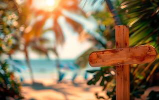 Blank wooden sign at the beach. Ready for summer travel. Tropical destination holidays concept. Mock up sign. photo