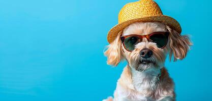 contento perro vistiendo Gafas de sol y un sombrero terminado azul antecedentes. promoción bandera con vacío espacio para texto o producto. foto