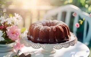 Chocolate pound cake on beautiful vintage kitchen and copy space. photo