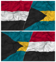 Bahamas and Yemen Half Combined Flag with Cloth Bump Texture, Bilateral Relations, Peace and Conflict, 3D Rendering png