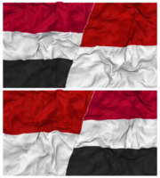 Mónaco y Yemen medio conjunto bandera con paño bache textura, bilateral relaciones, paz y conflicto, 3d representación png