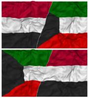 Kuwait y Yemen medio conjunto bandera con paño bache textura, bilateral relaciones, paz y conflicto, 3d representación png