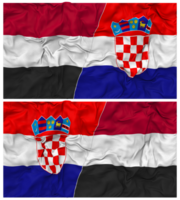 Croácia e Iémen metade combinado bandeira com pano colisão textura, bilateral relações, Paz e conflito, 3d Renderização png
