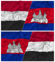 Camboya y Yemen medio conjunto bandera con paño bache textura, bilateral relaciones, paz y conflicto, 3d representación png