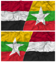 myanmar, Birma en Jemen voor de helft gecombineerd vlag met kleding buil textuur, bilateraal relaties, vrede en conflict, 3d renderen png