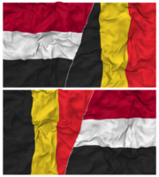 belgie en Jemen voor de helft gecombineerd vlag met kleding buil textuur, bilateraal relaties, vrede en conflict, 3d renderen png