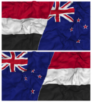 Nouveau zélande et Yémen moitié combiné drapeau avec tissu bosse texture, bilatéral rapports, paix et conflit, 3d le rendu png