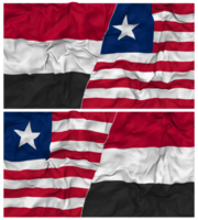 Liberia och jemen halv kombinerad flagga med trasa stöta textur, bilateral relationer, fred och konflikt, 3d tolkning png