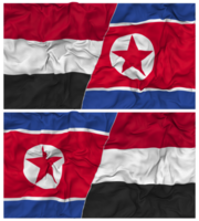 norr korea och jemen halv kombinerad flagga med trasa stöta textur, bilateral relationer, fred och konflikt, 3d tolkning png