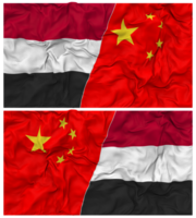 China en Jemen voor de helft gecombineerd vlag met kleding buil textuur, bilateraal relaties, vrede en conflict, 3d renderen png