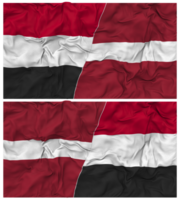 lettland och jemen halv kombinerad flagga med trasa stöta textur, bilateral relationer, fred och konflikt, 3d tolkning png