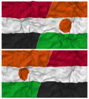 Níger e Iémen metade combinado bandeira com pano colisão textura, bilateral relações, Paz e conflito, 3d Renderização png