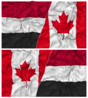 Canadá e Iémen metade combinado bandeira com pano colisão textura, bilateral relações, Paz e conflito, 3d Renderização png