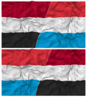 luxemburg och jemen halv kombinerad flagga med trasa stöta textur, bilateral relationer, fred och konflikt, 3d tolkning png