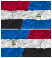 Nicaragua y Yemen medio conjunto bandera con paño bache textura, bilateral relaciones, paz y conflicto, 3d representación png