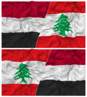 Libanon en Jemen voor de helft gecombineerd vlag met kleding buil textuur, bilateraal relaties, vrede en conflict, 3d renderen png