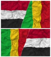 mali och jemen halv kombinerad flagga med trasa stöta textur, bilateral relationer, fred och konflikt, 3d tolkning png