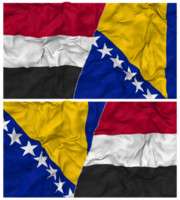 Bosnia and Herzegovina and Yemen Half Combined Flag with Cloth Bump Texture, Bilateral Relations, Peace and Conflict, 3D Rendering png