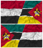 moçambique och jemen halv kombinerad flagga med trasa stöta textur, bilateral relationer, fred och konflikt, 3d tolkning png