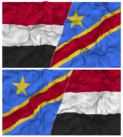 Dr congo y Yemen medio conjunto bandera con paño bache textura, bilateral relaciones, paz y conflicto, 3d representación png