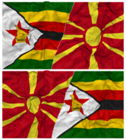 norte Macedônia e Zimbábue metade combinado bandeira com pano colisão textura, bilateral relações, Paz e conflito, 3d Renderização png