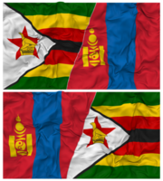 mongoliet och zimbabwe halv kombinerad flagga med trasa stöta textur, bilateral relationer, fred och konflikt, 3d tolkning png