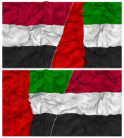 vereinigt arabisch Emirate und Jemen Hälfte kombiniert Flagge mit Stoff stoßen Textur, bilateral Beziehungen, Frieden und Konflikt, 3d Rendern png