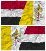 Vaticano città e yemen metà combinato bandiera con stoffa urto struttura, bilaterale relazioni, pace e conflitto, 3d interpretazione png