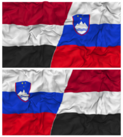 Slovenië en Jemen voor de helft gecombineerd vlag met kleding buil textuur, bilateraal relaties, vrede en conflict, 3d renderen png