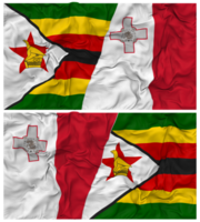 Malta en Zimbabwe voor de helft gecombineerd vlag met kleding buil textuur, bilateraal relaties, vrede en conflict, 3d renderen png