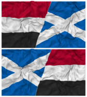 Escocia y Yemen medio conjunto bandera con paño bache textura, bilateral relaciones, paz y conflicto, 3d representación png