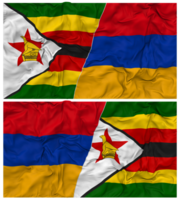Armênia e Zimbábue metade combinado bandeira com pano colisão textura, bilateral relações, Paz e conflito, 3d Renderização png