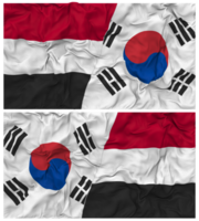 Süd Korea und Jemen Hälfte kombiniert Flagge mit Stoff stoßen Textur, bilateral Beziehungen, Frieden und Konflikt, 3d Rendern png