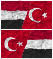 kalkoen en Jemen voor de helft gecombineerd vlag met kleding buil textuur, bilateraal relaties, vrede en conflict, 3d renderen png