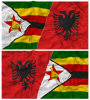 Albânia e Zimbábue metade combinado bandeira com pano colisão textura, bilateral relações, Paz e conflito, 3d Renderização png