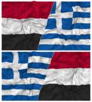 Grecia y Yemen medio conjunto bandera con paño bache textura, bilateral relaciones, paz y conflicto, 3d representación png