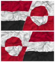 Grönland och jemen halv kombinerad flagga med trasa stöta textur, bilateral relationer, fred och konflikt, 3d tolkning png