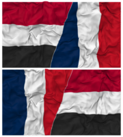 Francia y Yemen medio conjunto bandera con paño bache textura, bilateral relaciones, paz y conflicto, 3d representación png