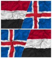 Islande et Yémen moitié combiné drapeau avec tissu bosse texture, bilatéral rapports, paix et conflit, 3d le rendu png