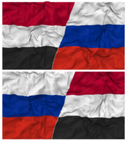 Rusland en Jemen voor de helft gecombineerd vlag met kleding buil textuur, bilateraal relaties, vrede en conflict, 3d renderen png