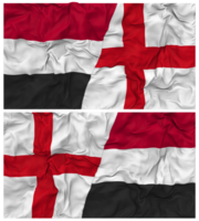 England och jemen halv kombinerad flagga med trasa stöta textur, bilateral relationer, fred och konflikt, 3d tolkning png