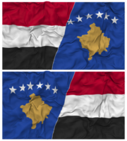 kosovo und Jemen Hälfte kombiniert Flagge mit Stoff stoßen Textur, bilateral Beziehungen, Frieden und Konflikt, 3d Rendern png