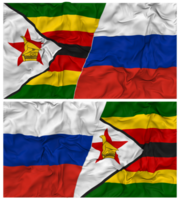 Rusia y Zimbabue medio conjunto bandera con paño bache textura, bilateral relaciones, paz y conflicto, 3d representación png