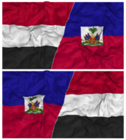 Haiti e Iémen metade combinado bandeira com pano colisão textura, bilateral relações, Paz e conflito, 3d Renderização png