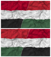 Hungría y Yemen medio conjunto bandera con paño bache textura, bilateral relaciones, paz y conflicto, 3d representación png