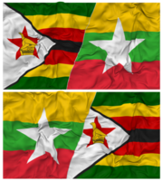 Myanmar, Burma and Zimbabwe Half Combined Flag with Cloth Bump Texture, Bilateral Relations, Peace and Conflict, 3D Rendering png