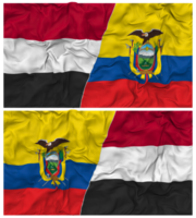 Ecuador y Yemen medio conjunto bandera con paño bache textura, bilateral relaciones, paz y conflicto, 3d representación png