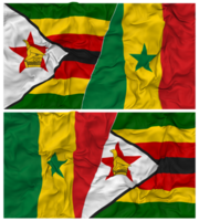 Senegal en Zimbabwe voor de helft gecombineerd vlag met kleding buil textuur, bilateraal relaties, vrede en conflict, 3d renderen png